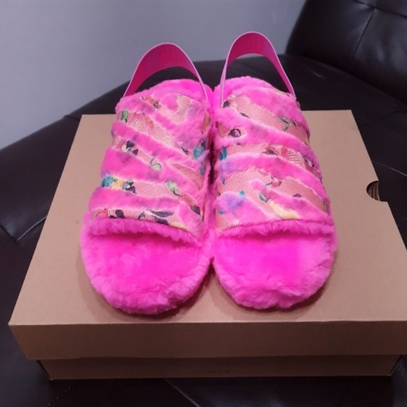 Ugg Fluff Yeah Tiger Flower Bright Pink Slingback Slip-on Slipper Womens US 11 - Picture 7 of 16